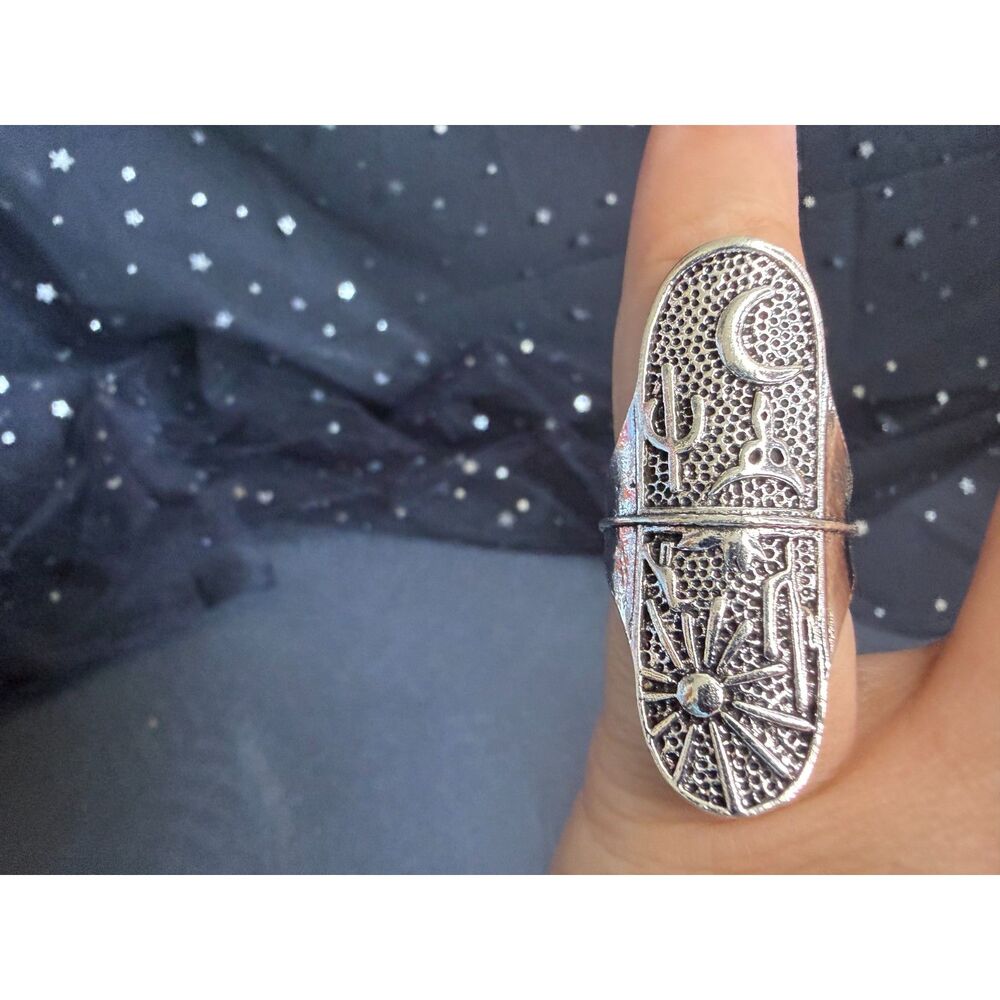Desert Statement Ring Size 6, Silver Tone Cactus Moon Sun Oval Ring